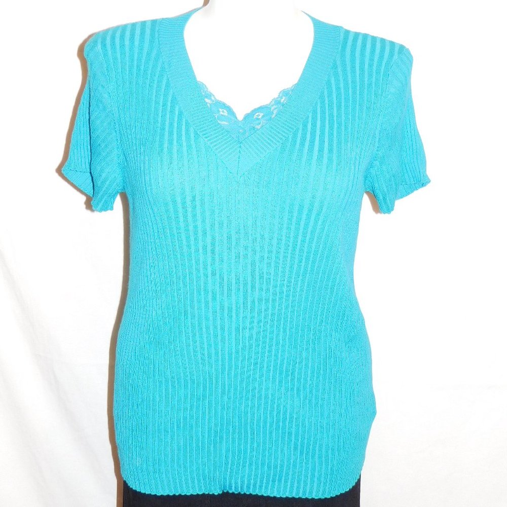 2X Dressbarn Blue Lacey Ribbed Sweater Top NWT